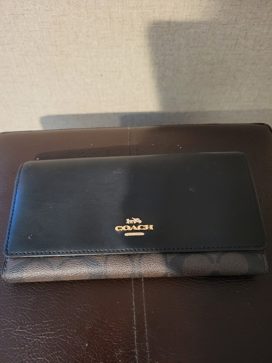Coach Handbags - Coach Signature Canvas Black Brown Slim Trifold Snap Wallet